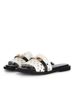 PIXY | FLACHE SANDALEN GOLDENES DETAIL WEIß SCHWARZ New
