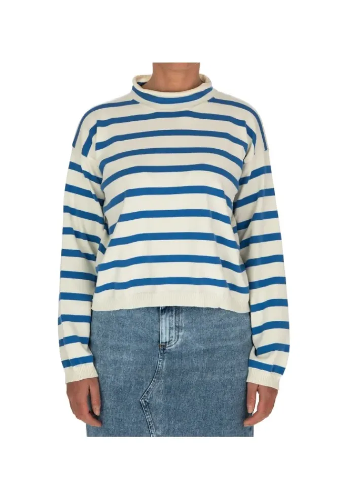SEMICOUTURE | PULLOVER WEICHEM KRAGEN WEISS HELLBLAU Outlet